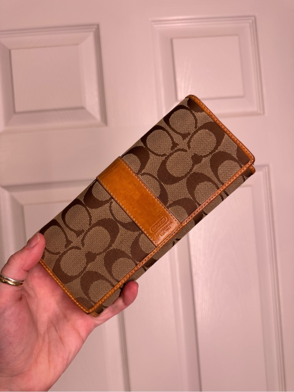 Coach Brown Signature Canvas Continental Wallet with Tan Trim